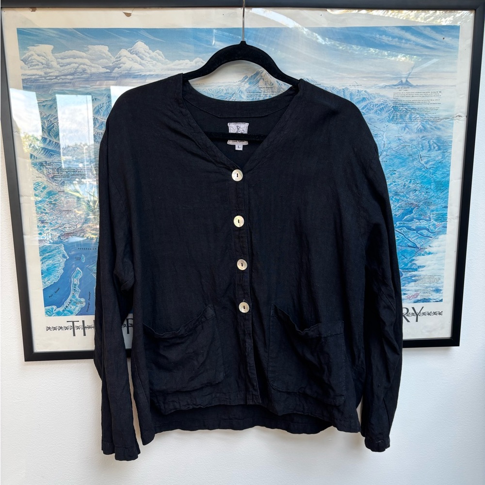 Vintage Black Linen Button-Up Cardigan